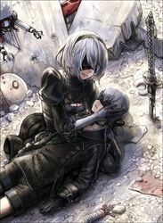  1boy 2b_(nier:automata) 9s_(nier:automata) black_blindfold black_footwear black_thighhighs blindfold boots breasts building burunuu_(bullnukko) buttons choker cleavage cleavage_cutout clothing_cutout commentary_request covered_eyes dress feather-trimmed_sleeves female gloves holding juliet_sleeves junk katana long_sleeves lying machine_(nier) mole mole_under_mouth nier:automata nier_(series) on_back pod_(nier:automata) puffy_sleeves rubble sad short_hair small_breasts sword thigh_boots thighhighs variant_set weapon white_hair 