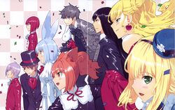  absurdres alice_(wonderland) alice_in_wonderland black_hair blonde_hair brown_hair cheshire_cat cup everyone high_res humpty_dumpty mad_hatter march_hare orange_hair queen_of_hearts red_hair scanning_artifacts tweedledee tweedledum ueda_ryou 