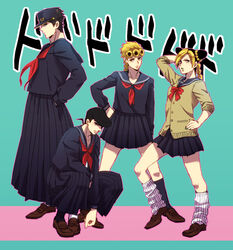  3boys afjc banchou black_hair blonde_hair blue_serafuku bousouzoku commentary_request crossdressing delinquent diamond_wa_kudakenai female giorno_giovanna hat higashikata_josuke jojo_no_kimyou_na_bouken kujo_jolyne kujo_jotaro multiple_boys photoshop_(medium) school_uniform serafuku stardust_crusaders stone_ocean sukeban vento_aureo 