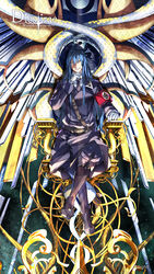  1boy armband artist_request blue_eyes blue_hair boots caduceus crossed_legs dies_irae dies_irae_pantheon full_body gloves grin hand_on_own_chin highres long_hair looking_at_viewer mercurius_(dies_irae) military military_uniform official_art photoshop_(medium) shinza_bansho_series sitting smile throne uniform unmoving_pattern 