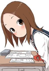  aged_up blue_sailor_collar blush brown_eyes brown_hair closed_mouth commentary_request desk female forehead from_side highres jaggy_lines karakai_jouzu_no_(moto)_takagi-san karakai_jouzu_no_takagi-san looking_at_viewer looking_to_the_side medium_hair neckerchief nishikata_chii parted_bangs red_neckerchief sailor_collar shirt simple_background solo white_background white_shirt yamamoto_souichirou 