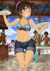  3boys 3girls abs absurdres bad_id bad_pixiv_id beach bikini black_hair blue_eyes blush breasts brown_hair cleavage closed_eyes cloud corn dark_skin day denim denim_shorts food grin harumaki-0327 highres lolicon long_hair medium_breasts multiple_boys multiple_girls navel o-ring o-ring_top one_eye_closed original outdoors parasol ponytail purple_eyes purple_hair sandals short_hair shorts side_ponytail sitting sky smile swimsuit twintails umbrella water 