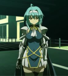  anime_screenshot aqua_hair armor female gauntlets headband highres nonaka_yuki pleated_skirt shinmai_maou_no_testament short_hair skirt solo thighhighs yellow_eyes zettai_ryouiki 