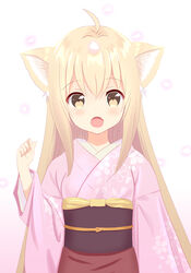  animal_ears blonde_hair blush brown_eyes commentary_request female fox_ears hair_between_eyes highres japanese_clothes kimono konohana_kitan long_hair looking_at_viewer obi oerba_yun_fang open_mouth pink_kimono purple_eyes sash simple_background solo standing upper_body white_background yutsuki_warabi yuzu_(konohana_kitan) 