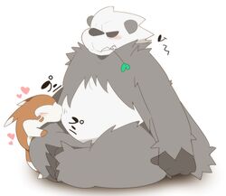  ambiguous_gender annoyed belly_kiss blush clenched_teeth cuddling duo furret generation_2_pokemon generation_6_pokemon japanese_text kissing kissing_belly mammal mustelid nintendo pangoro pokemon pokemon_(species) shirosaru slightly_chubby teeth text translated 