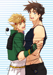  2boys afjc blonde_hair blue_eyes bola_(weapon) brown_hair caesar_anthonio_zeppeli commentary_request crop_top entangled facial_mark fingerless_gloves gloves green_eyes green_jacket headband jacket jojo_no_kimyou_na_bouken joseph_joestar joseph_joestar_(young) midriff multiple_boys photoshop_(medium) sweatdrop 