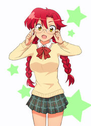  alternate_hairstyle braid commentary_request female glasses long_hair looking_at_viewer open_mouth red_hair school_uniform skirt solo standing supinosu tengen_toppa_gurren_lagann twin_braids yellow_eyes yoko_littner 