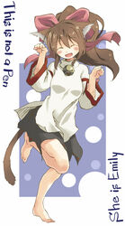  animal_ears barefoot bell blush bow cat_ears cat_tail commentary_request emily_(ukagaka) female hairbow jingle_bell long_hair open_mouth paw_pose smile solo tail ukagaka yudepii 