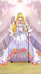  :3 ahoge artist_request bare_shoulders barefoot blonde_hair breasts cane choker collarbone curtains dies_irae dies_irae_pantheon dress female flower frilled_dress frills full_body green_eyes hair_flower hair_ornament hand_on_lap highres large_breasts leaf long_hair looking_at_viewer marie_(dies_irae) navel official_art photoshop_(medium) see-through shinza_bansho_series sitting solo staff throne underboob wide_sleeves 