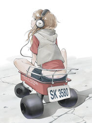  black_skirt bose brown_eyes brown_hair cable commentary_request female from_behind headphones hood hood_down hoodie license_plate long_hair original panties panty_peek pavement photoshop_(medium) pleated_skirt popman3580 red_shirt shirt short_sleeves sitting skirt sleeveless sleeveless_hoodie solo t-shirt tire toy_wagon underwear 