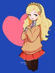  blonde_hair blue_background commentary_request cropped_torso female heart hoshiiro_girldrop l_hakase long_hair looking_at_viewer mole mole_under_mouth own_hands_together pantyhose red_skirt simple_background skirt solo sweater upper_body yellow_eyes yuuhi_korona 