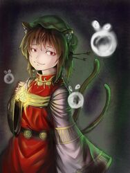  alternate_hairstyle animal_ears baten_(gei-vorugu) cat_ears chen commentary_request earrings female hair_ornament hairpin highres jewelry long_sleeves magic multiple_tails ponytail smile solo tail touhou 