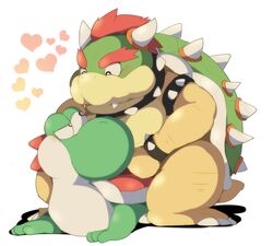  anthro blush bowser confusion dinosaur duo extinct green_yoshi heart_symbol koopa lying male male/male mario_bros mount/rider_relations nintendo prehistoric_species reptile riding scalie shirosaru simple_background sitting straddling white_background yoshi 