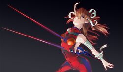  asaki_takayuki asuka_langley bandages bare_shoulders blue_eyes lance lance_of_longinus long_hair neon_genesis_evangelion plugsuit polearm red_hair tagme twintails 