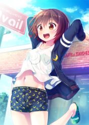  :d arms_behind_head blush boxers brown_eyes brown_hair commentary_request crescent crescent_pin crescent_print female jacket kantai_collection male_underwear masaki_kei mutsuki_(kancolle) mutsuki_kai_ni_(kancolle) navel open_mouth outdoors print_male_underwear short_hair smile solo underwear 