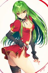  ass bad_id bad_pixiv_id black_gloves breasts c.c. center_opening cleavage clothing_cutout code_geass commentary_request cosmetics cosplay creayus cross_cutout dress earrings eclair_(kiddy_grade) eclair_(kiddy_grade)_(cosplay) elbow_gloves female fingerless_gloves from_side gloves green_hair hand_on_own_hip jewelry kiddy_grade lipstick_tube long_hair medium_breasts nail_polish navel navel_cutout red_nails short_dress side_slit simple_background single_thighhigh solo thighhighs twitter_username white_background yellow_eyes 