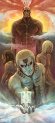  absurdres armored_titan bad_id bad_pixiv_id blonde_hair blue_eyes colossal_titan creature exposed_muscle faux_traditional_media female female_titan highres jaw_titan krista_lenz outstretched_arms see-through shingeki_no_kyojin size_difference smoke spoilers spread_arms titan_(shingeki_no_kyojin) usamichan 