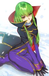  &gt;:( bad_id bad_pixiv_id black_gloves c.c. closed_mouth code_geass commentary_request cosplay creayus female frown gloves green_hair long_hair long_sleeves looking_at_viewer seiza simple_background sitting solo v-shaped_eyebrows v_arms yellow_eyes zero_(code_geass) zero_(code_geass)_(cosplay) 