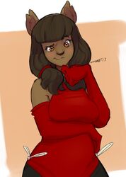  2017 5_fingers ankama anthro armwear bare_shoulders black_nose blush breast_rest breasts brown_body brown_eyes brown_fur brown_hair clothed clothing dofus dress ecaflip elbow_gloves eyebrows eyelashes felid female fingers fur gloves hair handwear looking_at_viewer luxar92 mammal miranda_(wakfu) simple_background solo wakfu 