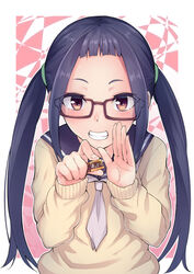  :d blue_hair blush brown-framed_eyewear brown_eyes cardigan chocolate commentary_request coupe50 female food glasses grin highres holding holding_chocolate holding_food incoming_gift long_hair long_sleeves looking_at_viewer motosu_school_uniform neckerchief oogaki_chiaki open_mouth school_uniform serafuku sidelocks sleeves_past_wrists smile solo twintails valentine very_long_hair white_neckerchief yurucamp 