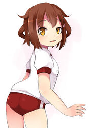  brown_eyes brown_hair commentary_request female gym_uniform hair_ornament hairclip ikazuchi_(kancolle) kantai_collection lillithlauda short_hair short_sleeves solo 