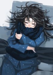  bad_id bad_pixiv_id black_hair closed_eyes female hugging_object kaneni long_hair lying on_back original pajamas pillow pillow_bite pillow_hug sleeping solo upper_body 