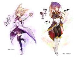  2girls alternate_costume alternate_hairstyle armor bat_(animal) black_legwear blonde_hair blush boots cis_(carcharias) clothing_cutout cosplay crescent elbow_gloves estellise_sidos_heurassein estellise_sidos_heurassein_(cosplay) estellise_sidos_heurassein_(magical_maiden) estellise_sidos_heurassein_(magical_maiden)_(cosplay) gloves gradient_hair greaves heart hijiri_byakuren knee_boots looking_at_viewer multicolored_hair multiple_girls navel navel_cutout official_alternate_costume one_eye_closed pantyhose ponytail purple_eyes purple_hair short_hair skirt smile sorcerer&#039;s_sutra_scroll tales_of_(series) tales_of_vesperia thigh_boots thighhighs touhou toyosatomimi_no_miko translated two-tone_hair yellow_eyes yuri_lowell yuri_lowell_(cosplay) yuri_lowell_(true_knight) yuri_lowell_(true_knight)_(cosplay) zettai_ryouiki 