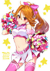  bare_shoulders belt bow breasts brown_hair character_name cheerleader cocoro_magical commentary_request copyright_name crop_top detached_sleeves earrings female hair_between_eyes hairbow highres jewelry large_breasts long_hair looking_at_viewer midriff miniskirt navel pink_thighhighs pom_pom_(cheerleading) ponytail red_eyes shirabi skindentation skirt smile solo star_(symbol) thighhighs tokyo_7th_sisters usuta_sumire zettai_ryouiki 