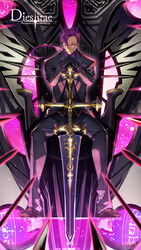  1boy dies_irae dies_irae_pantheon formal full_body g_yuusuke hair_over_one_eye hair_pulled_back highres legs_apart loafers looking_at_viewer muzan necktie official_art photoshop_(medium) planted planted_sword ponytail purple_eyes purple_hair shinza_bansho_series shoes sitting smirk suit sword throne weapon 