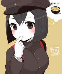  akitsu_maru_(kancolle) akitsu_maru_kai_(kancolle) backpack bag black_eyes black_hair blush bowl colored_skin commentary_request female finger_to_mouth food gloves hat kantai_collection long_sleeves military military_uniform noodles peaked_cap ramen randoseru short_hair solo toto_(hitori_othello) translated uniform white_gloves white_skin 