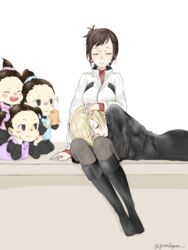  1boy 4girls :&gt; ^_^ alternate_eye_color black_legwear blonde_hair blue_scrunchie blush_stickers brown_hair cellphone closed_eyes commentary_request grey_eyes hair_bun hair_ornament hair_scrunchie head_rest jacket lap_pillow lying motherly multiple_girls nishigoori_axel nishigoori_loop nishigoori_lutz nishigoori_yuuko on_side on_stomach pantyhose phone pink_scrunchie ponytail purple_scrunchie scrunchie seiza siblings single_hair_bun sisters sitting sleeping smartphone sparkle track_jacket triplets twintails yotsuba_(yurashigure) yuri!!!_on_ice yuri_plisetsky 