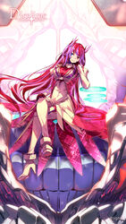  arm_rest artist_request blue_eyes breasts crossed_legs dies_irae dies_irae_pantheon female full_body gloves hand_on_own_cheek hand_on_own_face head_tilt heterochromia high_heels highres large_breasts long_hair looking_at_viewer mithra_(dies_irae) multicolored_hair official_art photoshop_(medium) pink_hair red_eyes red_hair see-through shinza_bansho_series sitting smile solo throne unmoving_pattern very_long_hair 