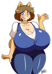  2018 anthro big_breasts blue_eyes breasts brown_hair canid canine canis cleavage clothed clothing digital_media_(artwork) domestic_dog female fully_clothed hair huge_breasts june_(jinu) looking_at_viewer mammal mature_anthro mature_female mrsakai open_mouth shiba_inu short_hair simple_background solo spitz thick_thighs white_background 