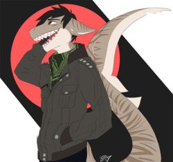  2018 alpha_channel anthro black_hair brown_eyes button_(fastener) clothed clothing digital_media_(artwork) discardingsabot embarrassed fish fully_clothed hair half-length_portrait hand_in_pocket jacket kerchief leo-ravioleo male marine neckerchief pockets portrait requiem_shark sabot_sauer scalie scar scarf shark shemagh simple_background smile solo teeth tiger_shark topwear 