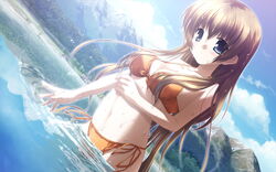  bikini blue_eyes brown_hair chikotam cleavage dutch_angle eden eden&lowast;_they_were_only_two_on_the_planet front-tie_top game_cg long_hair maya_(eden) mizugi side-tie_bikini solo water wet 