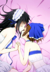  2girls bed_sheet black_hair brown_hair chitanda_eru choker commentary_request frilled_choker frills hairband holding_hands hyouka ibara_mayaka interlocked_fingers jewelry lolita_hairband long_hair madoromi_no_yakusoku multiple_girls photoshop_(medium) ribbon rito453 short_hair sleeping underwear 