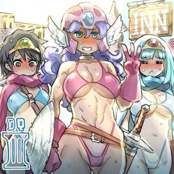  3girls :&lt; =_= abs bare_shoulders belt belt_buckle blue_eyes blue_slingshot_swimsuit blush breasts brown_belt buckle buckler building cameltoe cape cleavage closed_eyes closed_mouth commentary copyright_name covered_nipples cowboy_shot dragon_quest dragon_quest_iii eyebrows feathered_wings gem gloves groin hair_between_eyes hat helmet heroine_(dq3) jewelry large_breasts long_hair looking_down lowres medium_breasts mimonel mitre multiple_girls navel neck_ring no_nose nose_blush pink_cape pink_gloves pink_slingshot_swimsuit purple_hair roto_(dq3) sage_(dq3) sheath sheathed shield sign slingshot_swimsuit soldier_(dq3) standing stomach sweat swimsuit sword underboob v-shaped_eyebrows wavy_hair weapon white_slingshot_swimsuit white_wings winged_helmet wings 