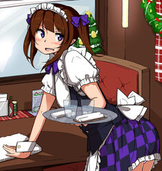  alternate_costume apron blush bow brown_hair checkered_clothes checkered_skirt christmas christmas_tree commentary_request cowboy_shot enmaided female glass hairbow himekaidou_hatate himeshita_johnny_mafuyu ice ice_cube long_hair maid maid_apron maid_cafe maid_headdress open_mouth panties pantyshot pink_panties purple_eyes skirt solo tabasco table touhou towel tray twintails underwear waitress wiping wreath wrist_cuffs 