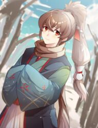  1boy commentary_request fire_emblem fire_emblem_fates fire_emblem_heroes grey_hair hajime_(usagi) highres japanese_clothes long_hair male_focus official_alternate_costume orange_eyes outdoors ponytail scarf snow solo takumi_(fire_emblem) takumi_(new_year)_(fire_emblem) tree upper_body 