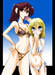  2girls bikini blonde_hair blue_eyes brown_hair commentary_request eating kieyza krista_lenz long_hair multiple_girls ponytail red_eyes sasha_blouse shingeki_no_kyojin short_hair squid swimsuit 