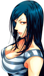  1girls big_breasts black_hair blue_eyes cleavage clothed clothing female female_only kurihara_mari_(prison_school) lips prison_school stripes suggestive_look 