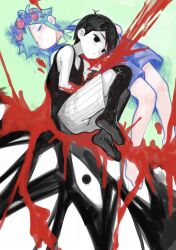  2boys antenna_hair bad_id bad_twitter_id bare_arms bare_shoulders barefoot basil_(headspace)_(omori) basil_(omori) black_eyes black_hair black_socks black_tank_top blood blood_on_arm blood_on_knife blue_overalls closed_eyes closed_mouth collared_shirt colored_skin echigoya_takeru empty_eyes flower flower_wreath full_body green_hair green_shirt hair_behind_ear hair_between_eyes head_wreath highres holding holding_knife inactive_account knees_together_feet_apart knife lying male_focus multiple_boys no_pupils no_shoes omori omori_(omori) on_back on_grass on_side over-kneehighs overall_shorts overalls purple_flower red_flower shirt short_hair shorts simple_background socks something_(omori) striped_clothes striped_shorts tank_top thighhighs vertical-striped_clothes vertical-striped_shorts white_background white_shorts white_skin 