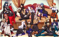  6+girls annette_fantine_dominic ass asymmetrical_hair bedroom belt bernadetta_von_varley black_hair blonde_hair blue_eyes breasts brown_hair byleth_(female)_(fire_emblem) byleth_(fire_emblem) cape catherine_(fire_emblem) choker cleavage clothes_pull deep_skin dorothea_arnault edelgard_von_hresvelg fire_emblem fire_emblem:_three_houses garreg_mach_monastery_uniform grabbing_another&#039;s_ass green_belt green_jacket groping hair_ribbon hilda_valentine_goneril huge_breasts ingrid_brandl_galatea jacket jadenkaiba large_breasts leonie_pinelli long_hair lysithea_von_ordelia marianne_von_edmund medium_breasts mercedes_von_martritz multiple_girls pantyhose patterned_legwear petra_macneary purple_eyes purple_ribbon red_cape red_pantyhose ribbon shamir_nevrand shirt short_hair shorts side_cape small_breasts smile teasing thick_thighs thighhighs thighs white_hair yuri 