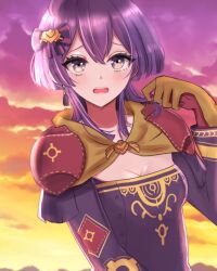  bernadetta_von_varley blush bow breasts cleavage cloud commentary_request dress female fire_emblem fire_emblem:_three_houses gloves grey_eyes hair_between_eyes hair_ornament hairbow long_hair long_sleeves looking_at_viewer open_mouth outdoors purple_bow purple_dress sidelocks small_breasts solo yellow_gloves yukichi_(yukichi_rururu) 