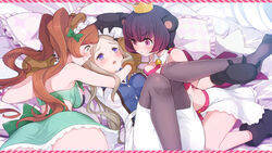  3girls animal_ears animal_hands bear_ears bear_paws blush breasts brown_hair commentary_request crown girl_sandwich gloves green_eyes hanako_(jiji) highres large_breasts long_hair maid_headdress multiple_girls panties pantyhose paw_gloves paw_shoes photoshop_(medium) purple_eyes sandwiched shoes short_hair smile tsubaki_kureha twintails underwear yuri yuri_kuma_arashi yurigasaki_lulu yurishiro_ginko 