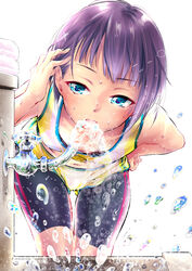  araki_rena bent_over bike_shorts blue_eyes blush bra bra_peek breasts collarbone commentary_request drinking faucet female hand_in_own_hair hand_on_own_hip highres looking_at_viewer matatabi_kikuno midriff_peek navel open_mouth purple_hair short_hair short_shorts shorts sleeveless small_breasts solo sportswear tank_top thigh_gap tokyo_7th_sisters towel tucking_hair twitter_username underwear water water_drop wet_face white_background 