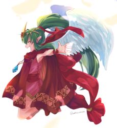  angel_wings cloak closed_eyes commentary_request dress feathered_wings female fire_emblem fire_emblem:_mystery_of_the_emblem fire_emblem_heroes from_side green_hair hair_ribbon highres hood hood_down long_hair matumuraaaa open_mouth pink_dress pointy_ears ponytail ribbon short_dress simple_background solo stone tiara tiki_(fire_emblem) tiki_(young)_(fire_emblem) twitter_username white_background wings wristband 