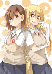  2girls back-to-back bag between_breasts blonde_hair blush breast_lift breasts brown_eyes brown_hair chains commentary_request crossed_arms elbow_gloves frown gloves handbag heart long_hair looking_at_viewer medium_breasts misaka_mikoto mukunoki_nanatsu multiple_girls pleated_skirt school_uniform shokuhou_misaki short_hair short_sleeves skirt smile sparkling_eyes spider_web_print strap_between_breasts summer_uniform sweater_vest symbol-shaped_pupils toaru_kagaku_no_railgun toaru_majutsu_no_index tokiwadai_school_uniform upper_body v-neck white_gloves yellow_eyes 