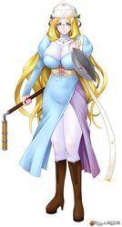  00s blonde_hair blue_eyes bodysuit breasts female full_body glasses highres huge_breasts long_hair melpha official_art queen&#039;s_blade solo very_long_hair weapon zundarepon 