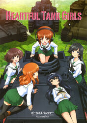  5girls absurdres akiyama_yukari artist_request black_hair caterpillar_tracks girls_und_panzer hairband hat headphones highres isuzu_hana long_hair m3_lee medium_tank military military_vehicle motor_vehicle multiple_girls nishizumi_miho official_art on_vehicle ooarai_school_uniform panzer_iv pleated_skirt reizei_mako school_uniform serafuku short_hair skirt sturmgeschutz_iii takebe_saori tank type_89_i-gou 